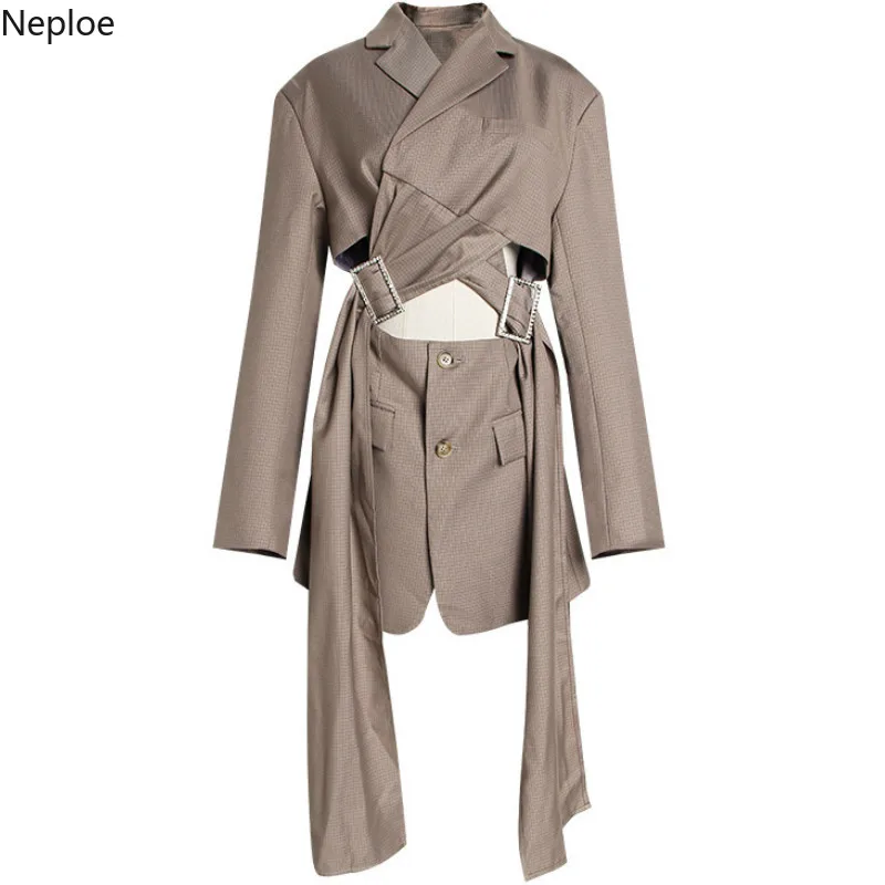 

Neploe Blazer Feminino Spring 2019 Plaid Striped Hollow Out Fake Two Piece Blazers Sexy Long Sleeve Sashes Women Top 43501