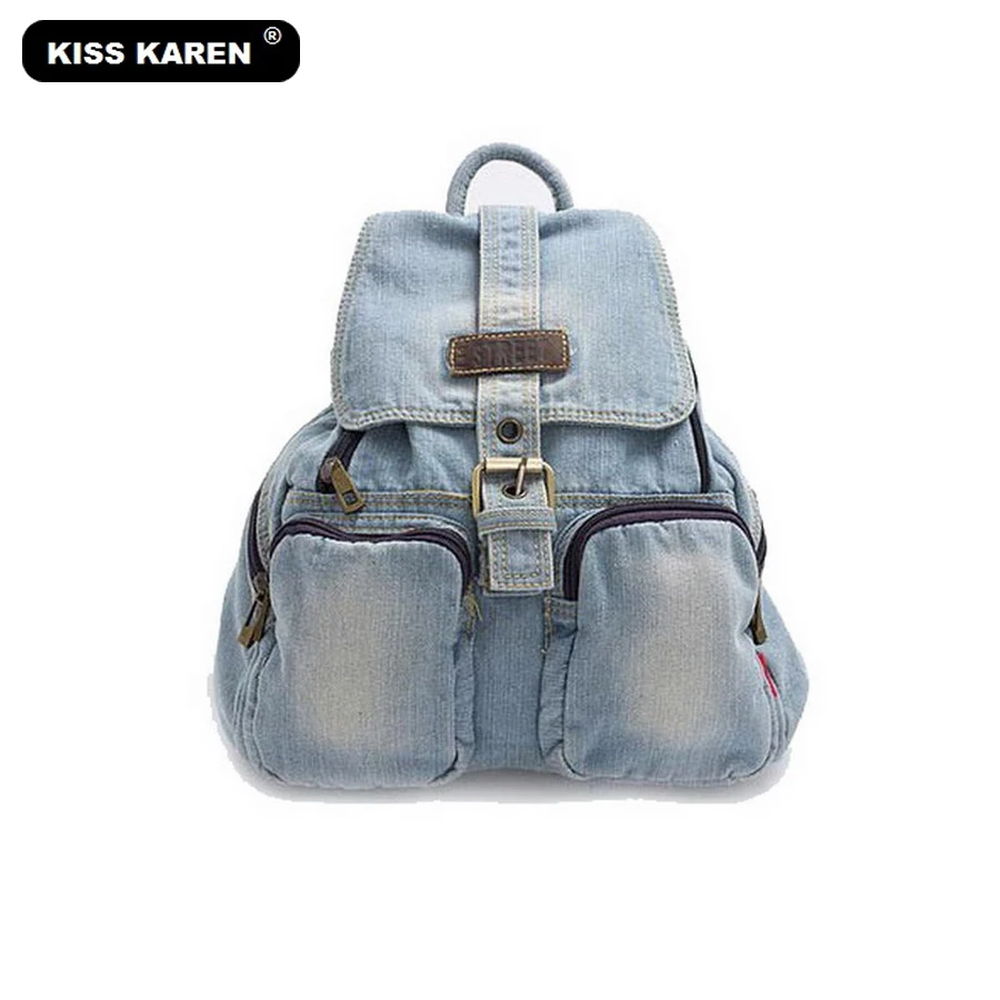 

KISS KAREN Fashion Women Backpacks Denim Bag Vintage Retro Backpacks Jeans Travel Backpack Bags Preppy Style Casual Daypacks
