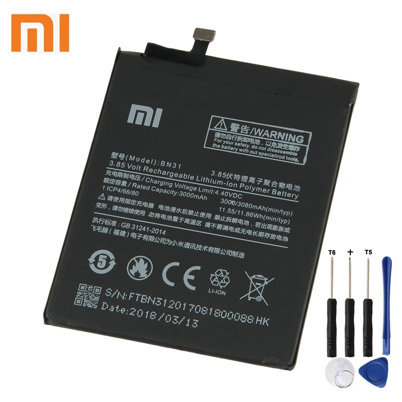 

Xiao Mi Xiaomi BN31 Battery For Xiao mi 5X Mi5X Redmi Note 5A Xiaomi A1 3080mAh BN31 Authentic Phone Battery + Tool