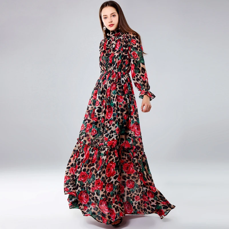 Высокое качество дизайнерское подиумное Макси Платье женское с длинным рукавом винтажное с леопардовым принтом Тонкое пляжное длинное платье плюс размер