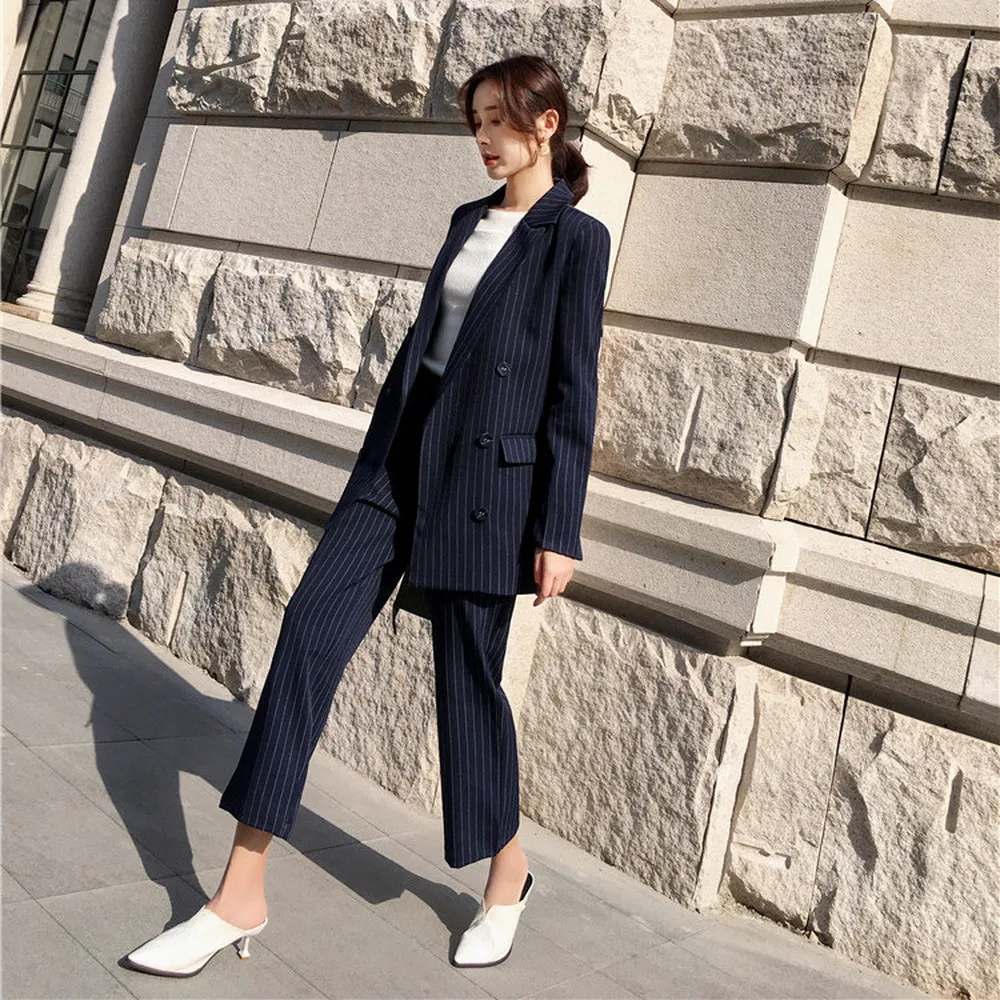 

Spring Autumn 2019 New Striped Suit Jacket Casual Broad-legged Ninth Pants Suit Two-piece Suit for Women