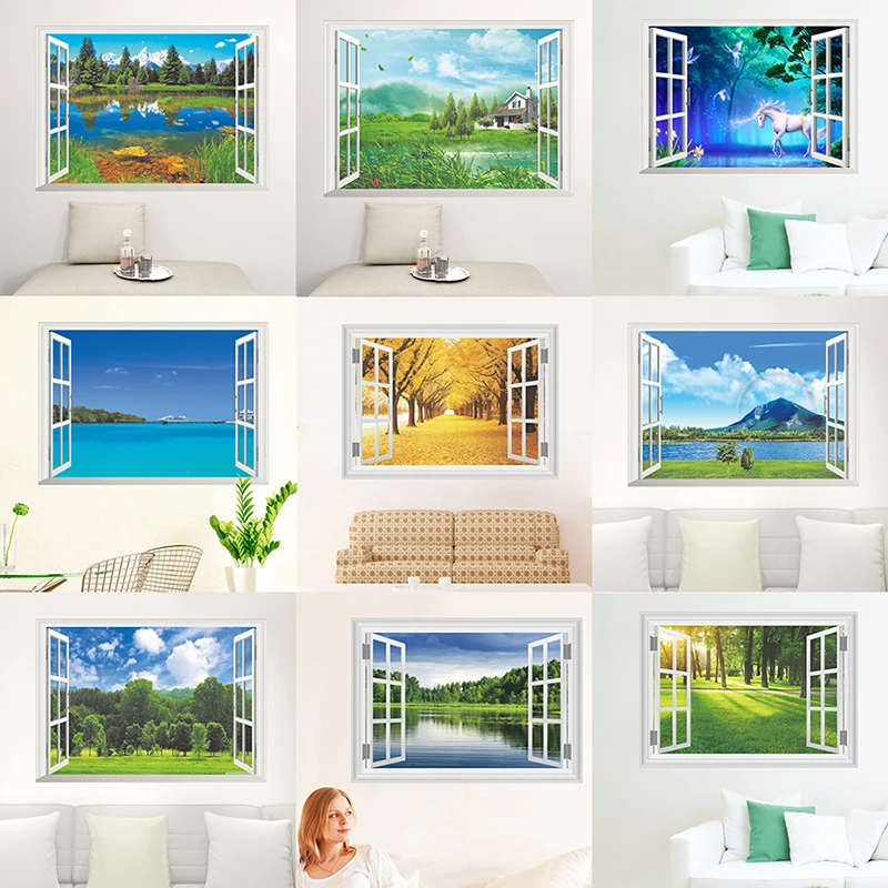 

3D Window Nature Landscape View Wall Stickers For Living Room Bedroom Decoration Decorative Home PVC Decor Mural Wall Art Decals