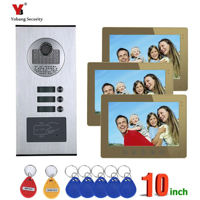 10inch 3 Apartment/Family Video Door Phone Intercom System RFID IR-CUT HD 1000TVL Camera Doorbell Camera with 3 button monitor