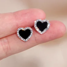Новые корейские милые черные акриловые серьги-гвоздики в форме сердца для женщин, розовое золото, простые элегантные Кристальные серьги-гвоздики в форме сердца, ювелирные изделия