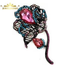 Vintage Large Pink Teardrop Stone Deco Black Filigree Rose Brooches Long Stem AB Crystal and Teal Blue Deco Statement Rose Pins victorian vintage dark blue crystal burst star brooch gold tone imitated pearl deco domed round pink stone cross pins for outfit