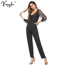 Sexy Women V-neck Sequins Body Rompers Womens Jumpsuit 2019 Summer Mesh Long Sleeves Tassel Playsuit Overalls Bodysuit
