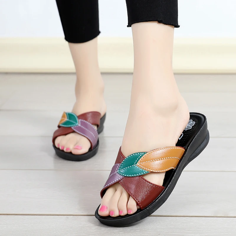 Women Sandals 2019 Summer Slippers Leather Leaves Casual Flat Sandals Fashion Women Shoes Beach Female Sandalias Size 36-40