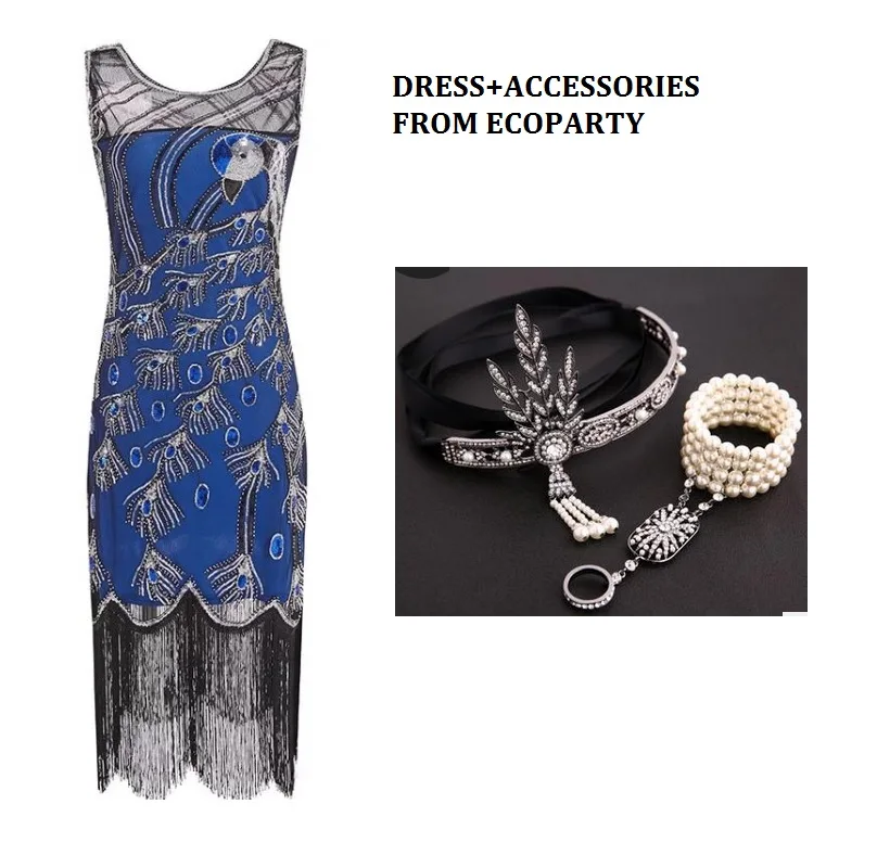 

1920s Flapper Dress Great Gatsby Party Evening Sequins Fringed Dresses Gown with accessories