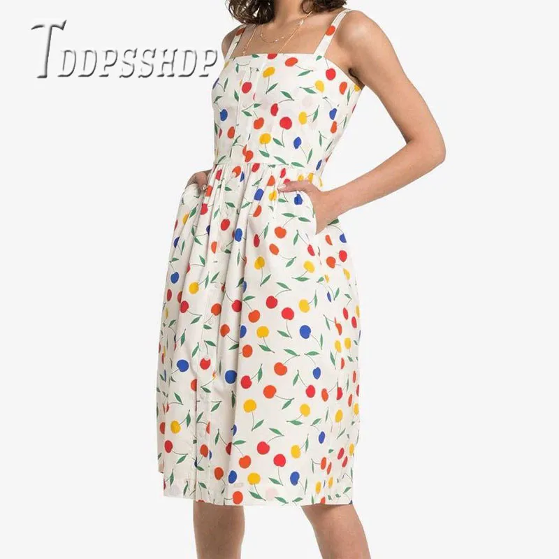 

2019 Colorful Cherry Print Women Dress Summer Spaghetti Strap Female Dresses