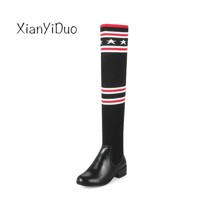 

Xianyiduo 2018Spr/Autumn Women's Shoes Over-the-Knee Thigh-high Boots Round Toe low Heels plus size34-48 Micro stretch shaft/717