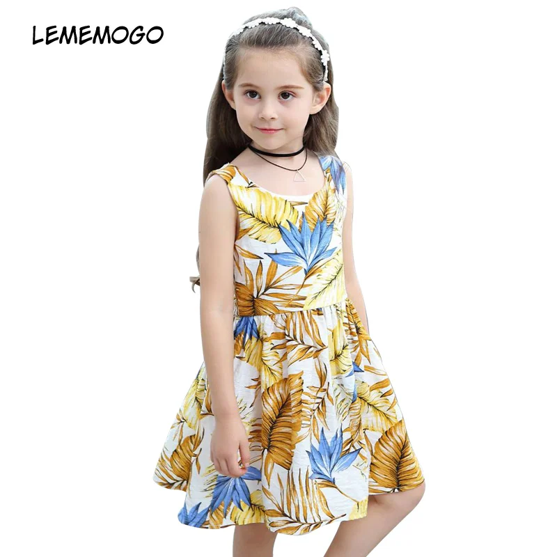 

lememogo Princess Dresses Girl Summer Baby Kids Leaf Floral Print Sleeveless Dress High-end Casual Children Clothes Party Dress