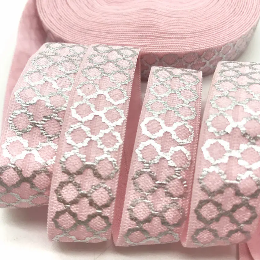

10 Yards Silver Foil Aztec Print Fold Over Elastic 5/8" FOE Elastic Ribbon Webbing for Hair Tie DIY Headwear Hair Accessories
