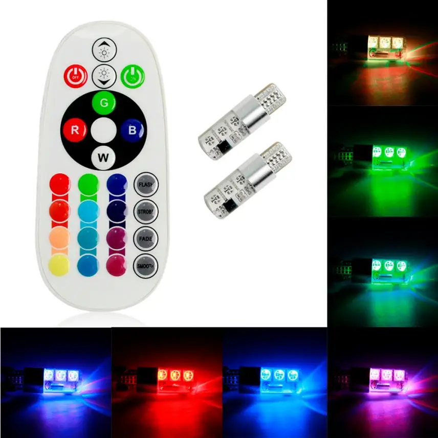 

2 xT10 194 168 W5W Car Wedge Reading Lamp 7 LED colors Bulb With Remote Flash Aug 11