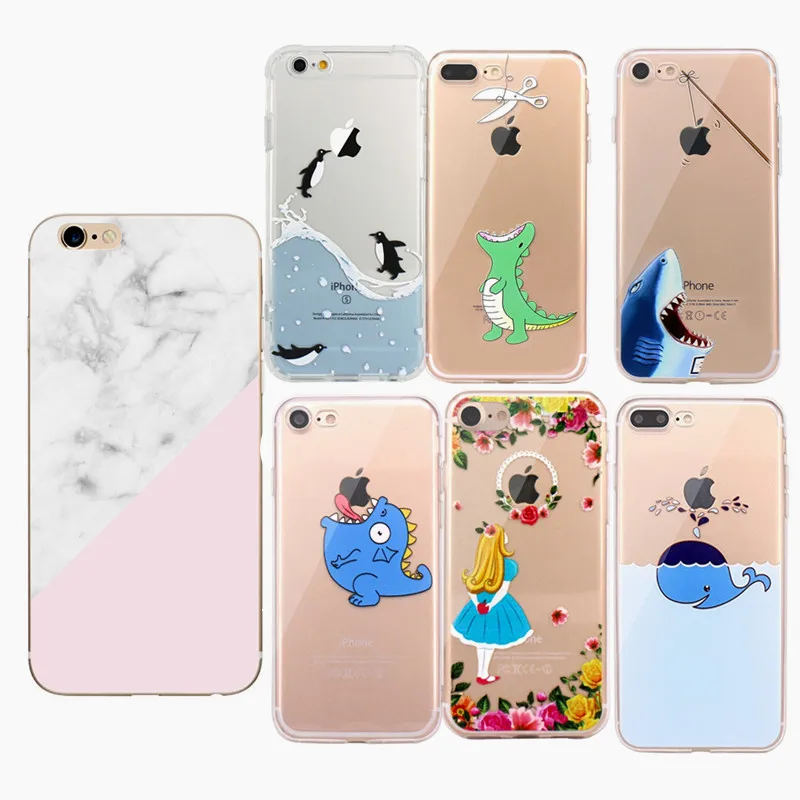 For iPhone5S SE Marble Silicon Phone Shell Cover Apple iPhone 5 5S 6 6S 7 8 Plus Transparent Dinosaur Soft Cases |