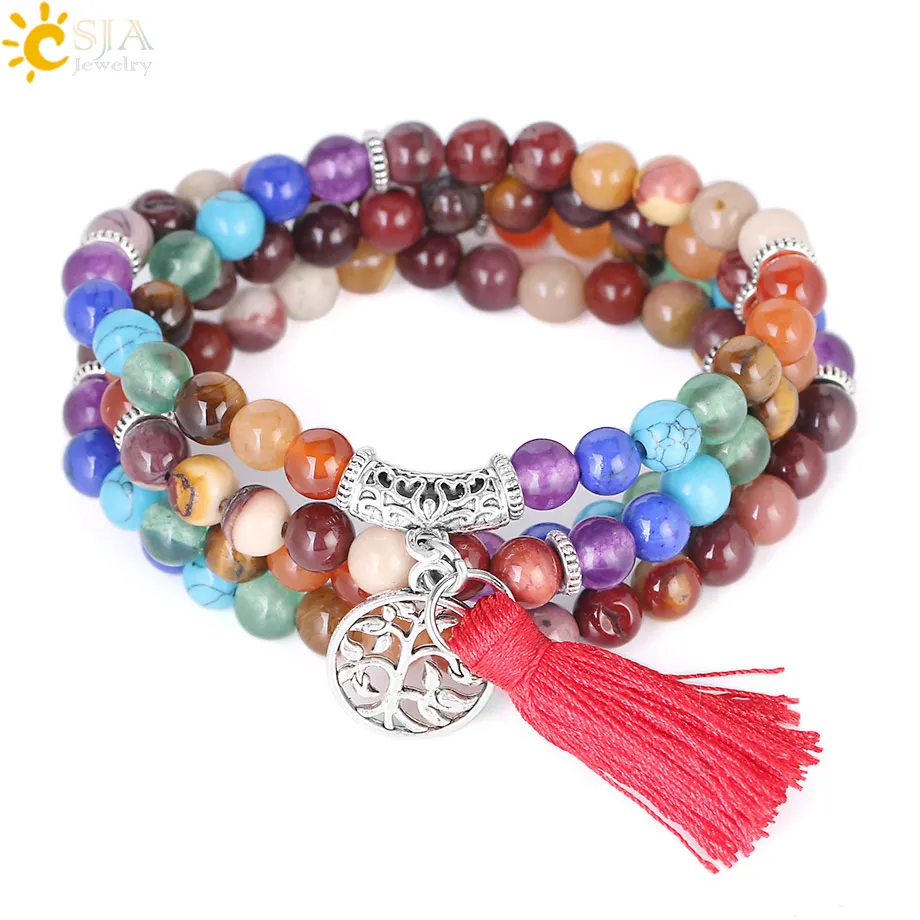 

CSJA 7 Chakra Meditation 108 Mala Rosary Beads Multilayer Bracelet & Bangle Healing Natural Stone Energy Yoga Tassel Charms E656