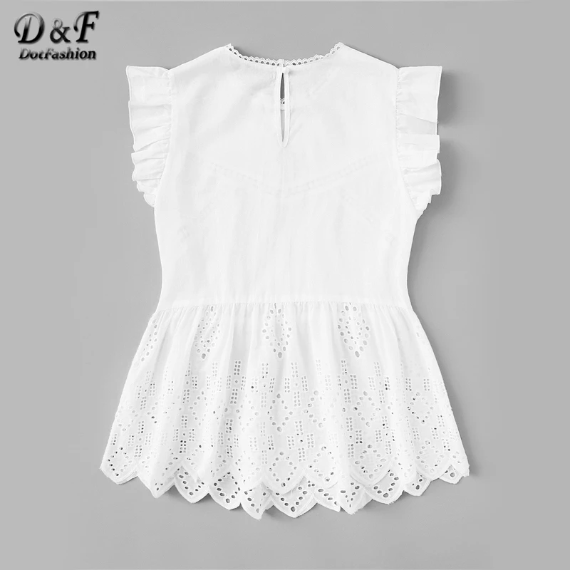 Dotfashion белая блузка с оборкой и фигурным вырезом, женская летняя блузка с баской, милая корейская модная одежда, Женские топы и блузки