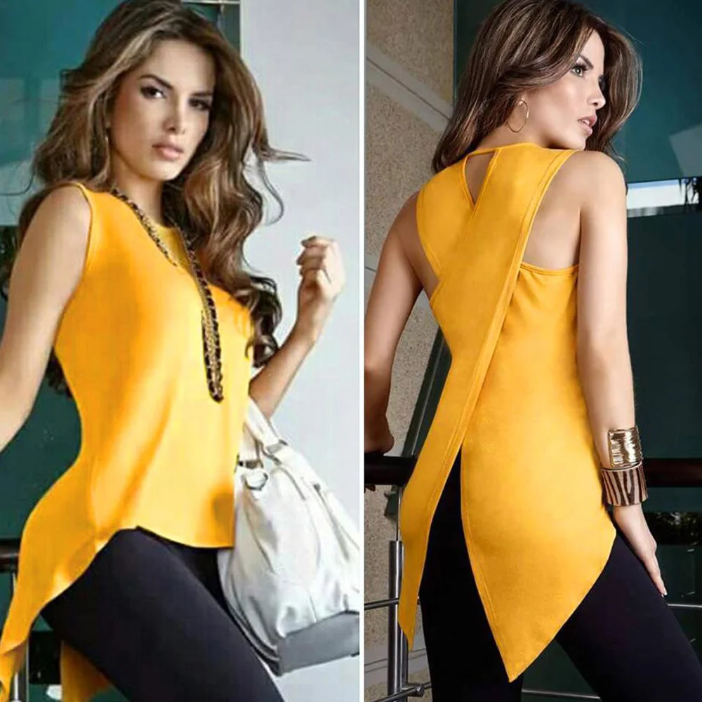 

Casual Women's T Shirt Backless Irregular Sexy Sleeveless Loose Womens Tops And Shirts Chiffon Solid Slim Female Top Tees