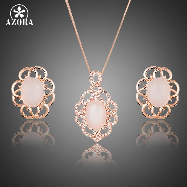 

AZORA Rose Gold Color Oval Egg Opal With Stellux Austrian Crystal Stud Earrings and Pendant Necklace Jewelry Sets TG0210