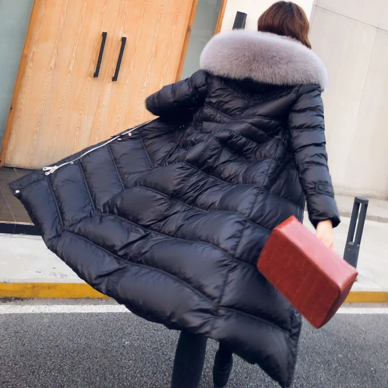 Goedkoop 2019 Vrouwelijke Dikker Warme Winter Down Jas Vrouwen Grote Echte Natuurlijke Vossenbont Witte Eend Neer Parka Hooded Winter Jas vrouwen