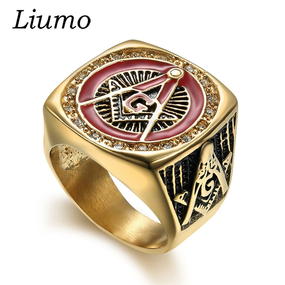 

Liumo Fashion Masonic Red Gold Color with Crystal High Polished 316L Titanium Stainless Steel Men Biker Ring Lr452
