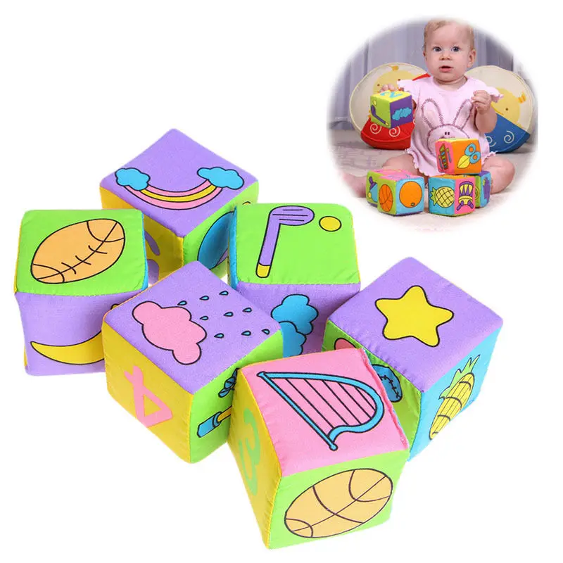 New 1Set 6 in 1 Set Infant Baby Cloth Rattle Building Educational Toys Soft Blocks Cube Kids Gift