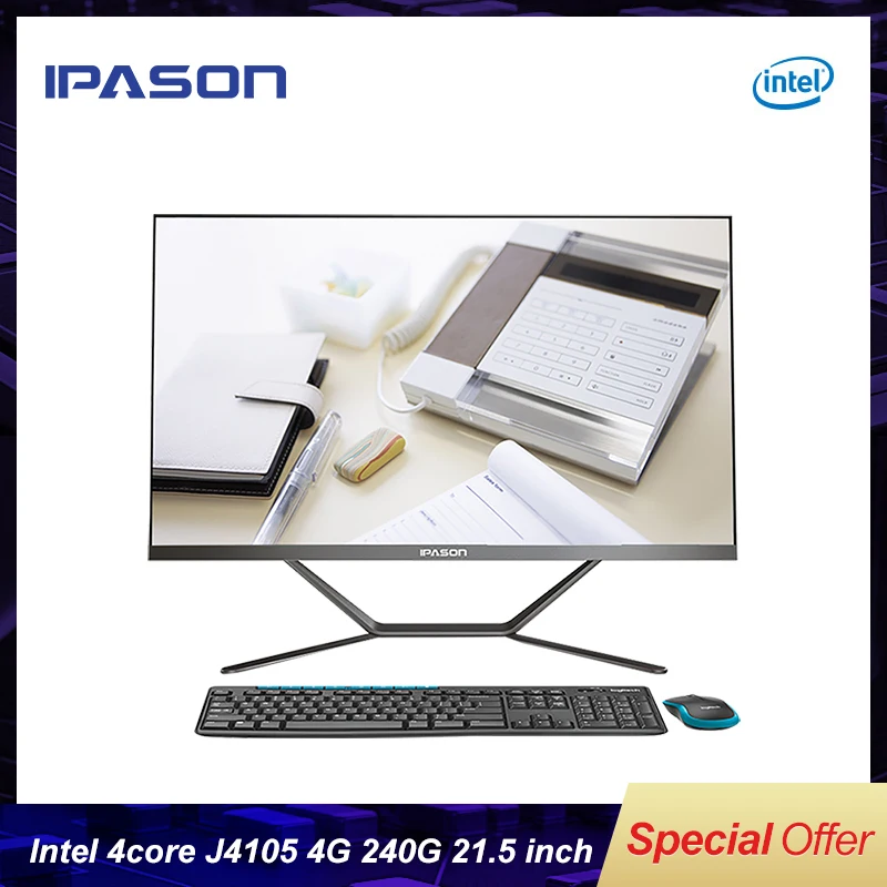 IPASON all in one PC 21.5 inch Intel 4 Core 4G DDR4 RAM 240G SSD Narrow bordered Black mini PC WIFI Bluetooth