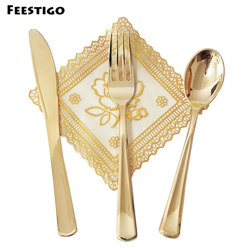 

10PCS Heavy Duty Gold Plastic Cutlery Set Party Supplies Disposable Plastic Tableware Fork Spoons Knives For Wedding Birthday