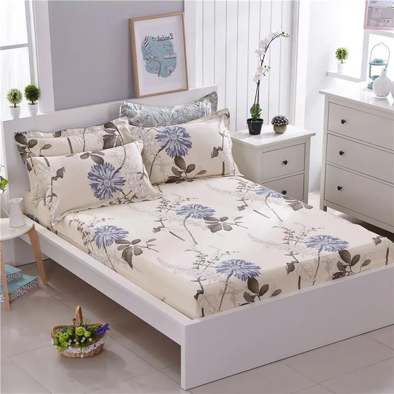 

Waterproof Beige Flower Printing Bed Mattress Cover Fitted Sheet Air-Permeable Home Textile Mattress Cover Grippers Bed Linens