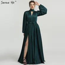 Мусульманское Зеленое Шелковое Формальное вечернее платье с длинным рукавом, платье для выпускного вечера, халат De Soiree, кафтан, Дубай, платья Abendkleider BLA6517
