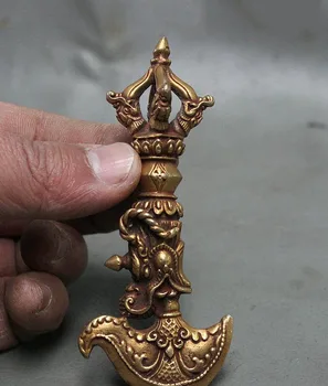 

Tibet Tantra Bronze Gilt Gold Dragon Head Vajra Tomahawk Phurba Holder FaQi