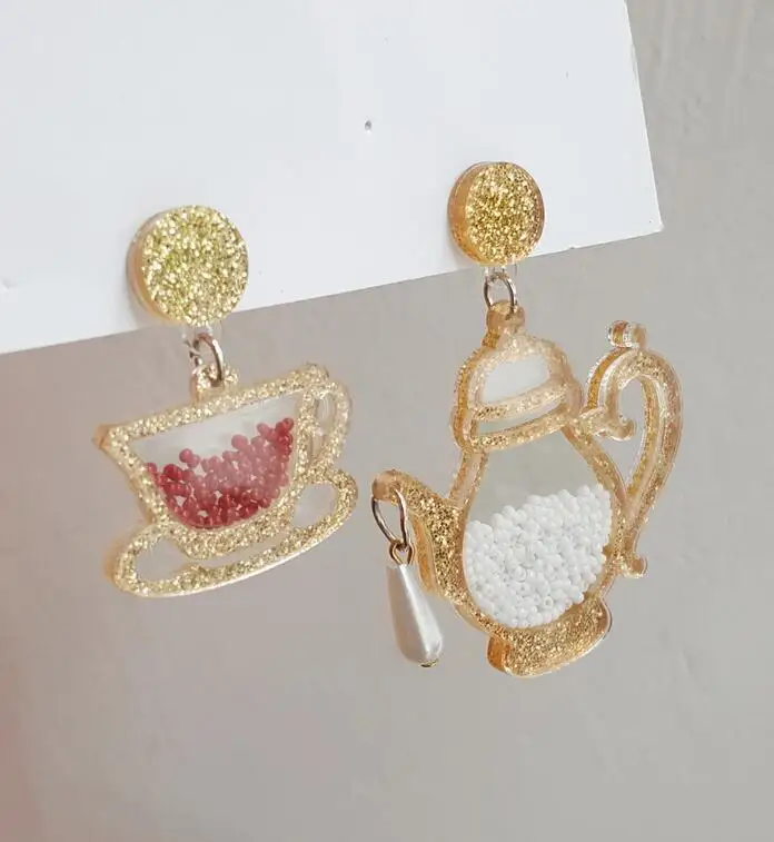 

European Fashion Personality Exaggerated Glitter Acrylic Geometric Teapot Cup Asymmetric Earrings Night Club Women Jewelry