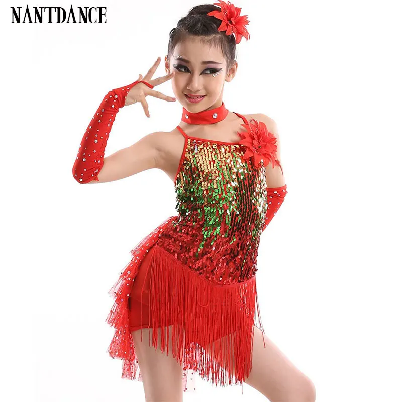

Sequins Stage Tassel Competition Latin Dance Dress For Girls Dress Gymnastics Practice Dancing Dress Girl Dancewear Kids