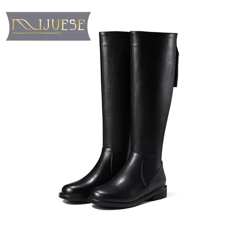 

MLJUESE 2018 women Knee-high boots cow leather zippers slip on low heel women high boots female motorcycle boots party dress