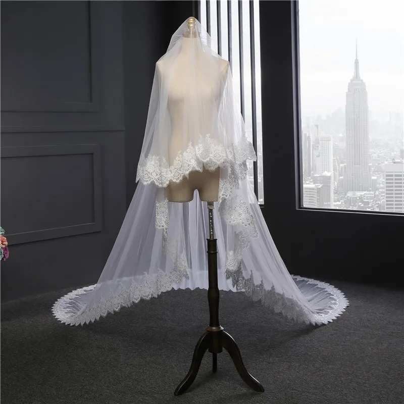 2019 Высокое качество элегантные длинные белые цвета слоновой кости свадебные вуали длинные мягкие Свадебные вуали с гребнем невесты