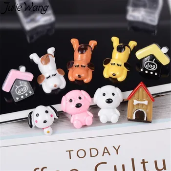 

Julie Wang 10pcs Resin Little dog Pet charms Multi Shape Pendants Decor fridge magnet Decor Key chain necklace DIY Accessory