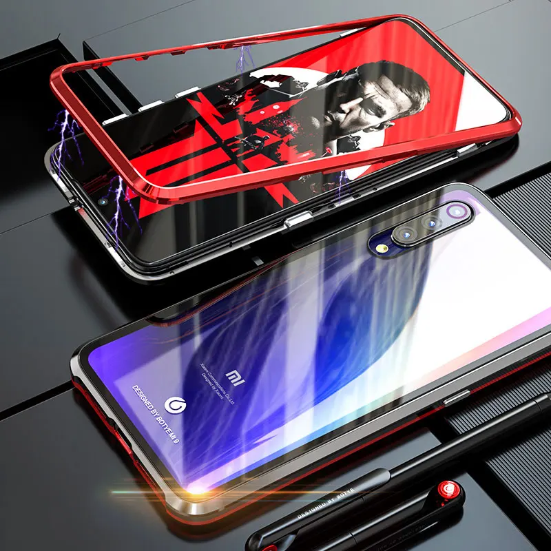 Роскошный магнитный металлический чехол для Xiaomi mi 9 mi 9, чехол с глобальной прозрачной стеклянной противоударной откидной крышкой для телефона Xiaomi mi 9SE - Цвет: black red
