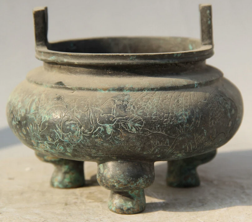 

song voge gem S5744 6" Old Marked Chinese Bronze Folk 3 Foot scenery handle Incense Burner Censer