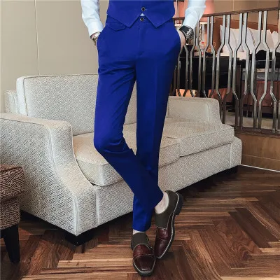 Мужские брюки для свадебной вечеринки, строгие брюки, мужские брюки, приталенные повседневные однотонные синие брюки, костюм для мужчин - Цвет: Royal Blue Men pants