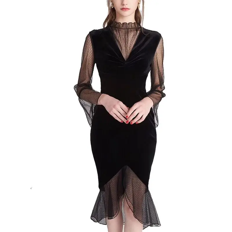 

Women Sexy dress 2019 new fashion lace stitching suede slim packet hip sexy dress high quality female dress NZYD142A