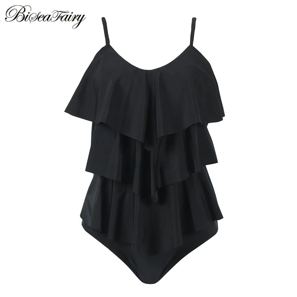 

BISEAFAIRY Mid Waist Swimsuit New 2019 Ruffle Vintage Bikinis Swimwear Women Solid Top Striped Bottom Bathing Suits Female Suit
