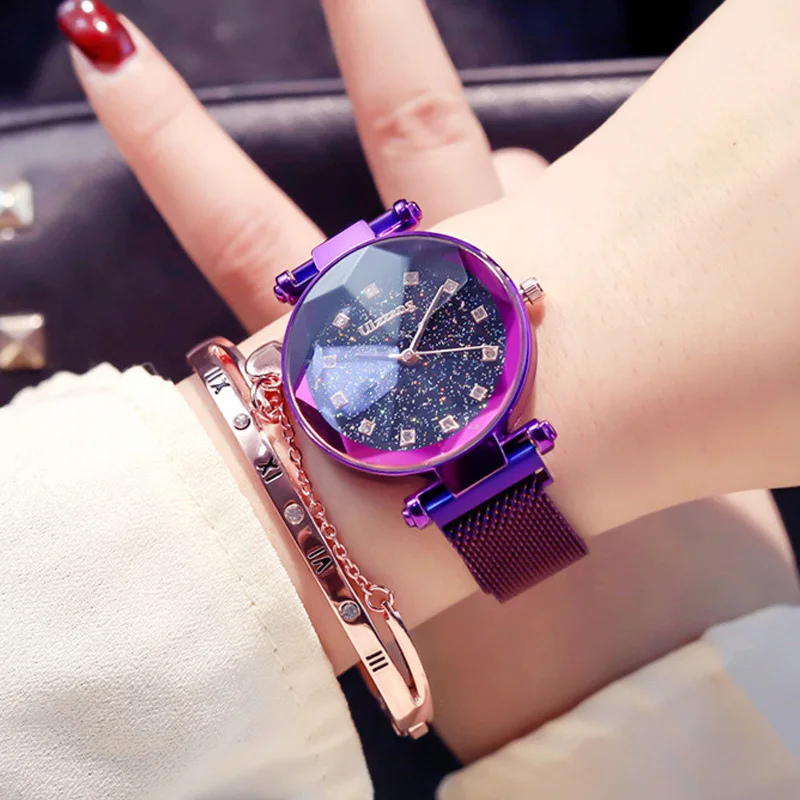

Best Selling Women Starry Sky Watches Mesh Magnet Buckle Casual Luxury Women Clock Geometric Surface Quartz Wrist watch 2019