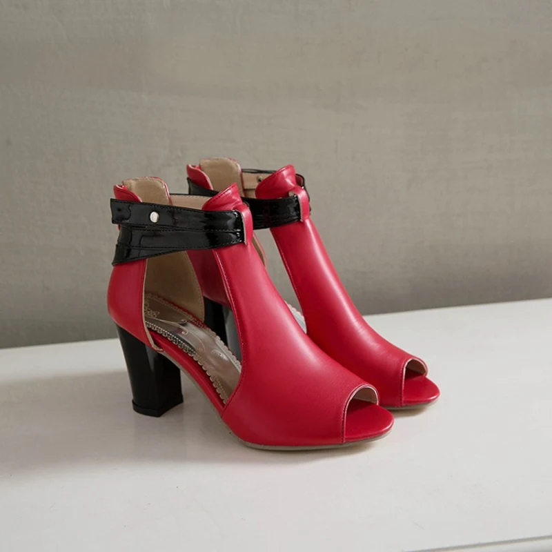 Fanyuan/пикантные женские ботильоны свадебные туфли на высоком каблуке с вырезами летние модельные туфли черного и красного цвета размера плюс - Цвет: Red