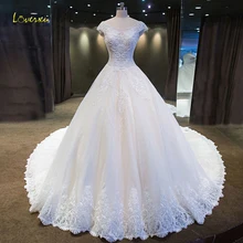 Loverxu Vestido De Noiva из кружева, с вырезом на шее Свадебные платья элегантное платье с коротким рукавом Королевский поезд аппликации бисером линия свадебное платье