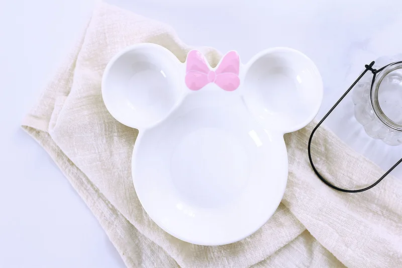 Милый Микки Маус керамическая тарелка посуда ложка мультфильм детские фрукты миска посуда детский Ланч контейнер для еды столовая посуда набор - Цвет: Белый