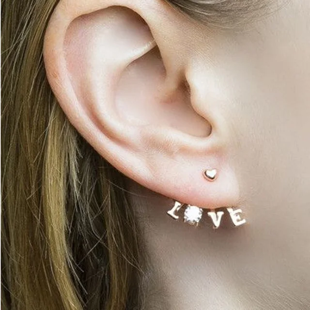 Korean Stud Earrings For Women Fashion Design Love Word Silver Gold Color Ear Jacket Cuff Jewelry Korean Stud Earrings For Women Fashion Design Love Word Silver Gold Color Ear Jacket Cuff Jewelry