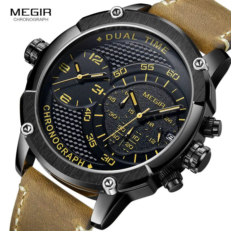 

MEGIR Men's Double Time Zone Chronograph Retro Quartz Watches Waterproof Lumious Leather Band Army Sports Wristwatch for Man