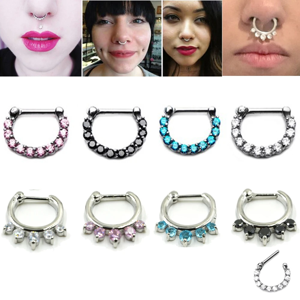 

1pc Stainless Steel CZ Gem Stepum Nose Clicker Hoop Rings Navel Lip Nipple Tragus Cartilage Ring Body Jewelry Retainers 16g