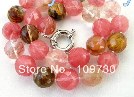 

Jewelry 002286 14mm Watermelon & brown Color Faceted Quartz Stone Necklace