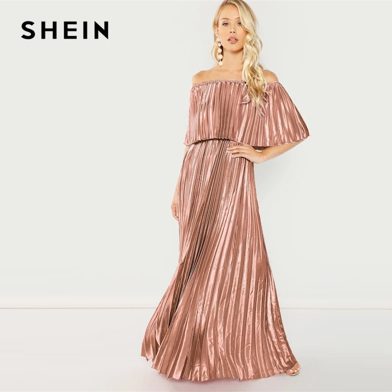 SHEIN Сексуальное Платье С Оборкой Элегантное Розовое Платье С Открытыми Плечами