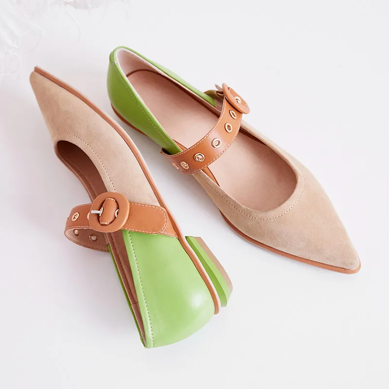 Pointu Black Mary Dames Mixte Appartements En Femmes Janes Suru apricot Bout Boucle Chaussures Sangle Cuir Couleur X6nvqxA